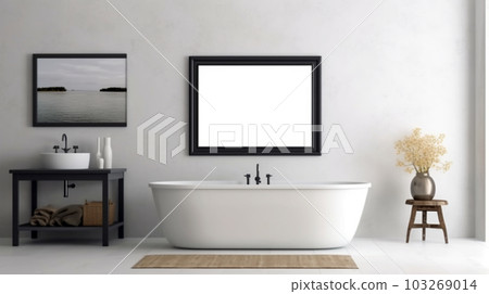 Bathroom design with a bathtub in the center in a minimalist style, Generated AI Bathroom design with a bathtub in the center in a minimalist style, Generated AI 103269014
