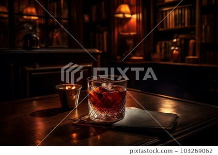 Cozy, dimly lit bar with rich, wood-paneled walls and a beautifully crafted Manhattan cocktail resting on the bar. AI generated 103269062