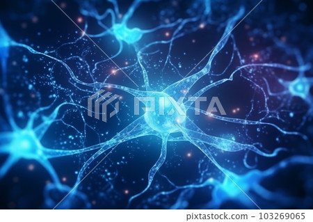 Glowing brain nerve cell. Specialized cell transmitting nerve impulses. System neuron of brain with synapses. Brain medicine biology. Generative AI Glowing brain nerve cell. Specialized cell transmitting nerve impulses. System neuron of brain with synapses. Brain medicine biology. Generative AI 103269065