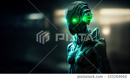 AI generated illustration of humanoid alien with telepathical capability standing in dark room 103269068