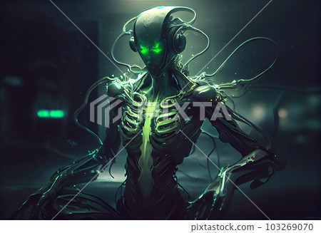 AI generated illustration of humanoid alien with telepathical capability standing in dark room 103269070