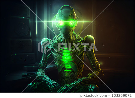 AI generated illustration of humanoid alien with telepathical capability standing in dark room 103269071