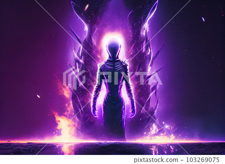AI generated illustration of humanoid alien near open portal to another world 103269075
