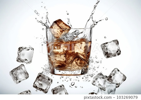 A close-up shot of ice cubes falling into a glass of clear liquid, captured from the top-down angle, with a white background that adds a sense of purity and freshness to the scene. Generative AI 103269079