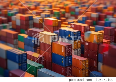 Rows of cargo shipping containers filmed by long focus camera. Multi-colored cargo shipment containers of different delivery cargo transportation companies. Generative AI Rows of cargo shipping containers filmed by long focus camera. Multi-colored cargo shipment containers of different delivery cargo transportation companies. Generative AI 103269100