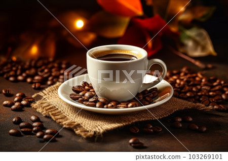Espresso Coffee Cup With Beans On Vintage Table. Generative Ai 103269101