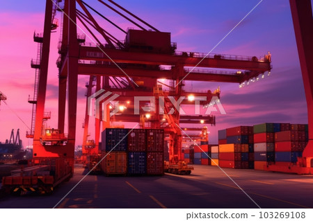 Containers loading by crane in the twilight. Concept of business and industry import export. shipping, logistics, international trade. Generative AI 103269108