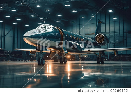 A close-up of a private jet parked in a hangar, with a clear view of its exterior and details. Generative AI 103269122