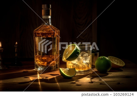 A creative shot of a tequila bottle and glass in a dramatic lighting setup, giving the impression of a high-end luxury product. Generative AI A creative shot of a tequila bottle and glass in a dramatic lighting setup, giving the impression of a high-end luxury product. Generative AI 103269124