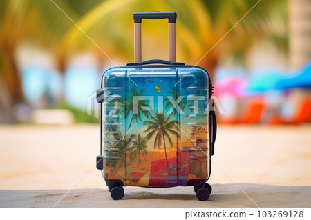 One travel suitcase ready for journey. Tropical beach with sunny sea and palm leafs in background. Generative AI 103269128