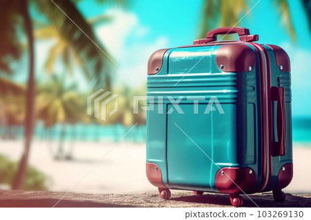 One travel suitcase ready for journey. Tropical beach with sunny sea and palm leafs in background. Generative AI One travel suitcase ready for journey. Tropical beach with sunny sea and palm leafs in background. Generative AI 103269130