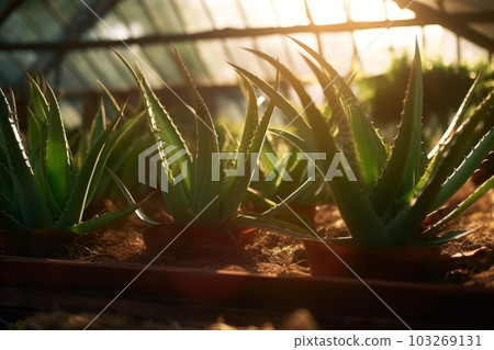 A close-up shot of aloe vera plants growing in a greenhouse, with warm sunlight filtering in through the glass ceiling. Generative AI A close-up shot of aloe vera plants growing in a greenhouse, with warm sunlight filtering in through the glass ceiling. Generative AI 103269131