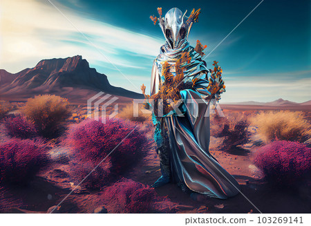 AI generated illustration of humanoid alien wearing glowing gown standing in desert 103269141