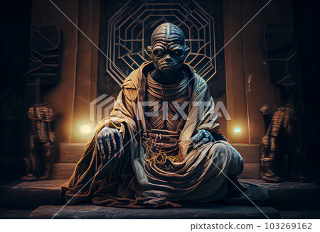 AI generated illustration of wise humanoid alien sitting in a dim light room 103269162