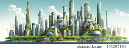 AI generated panoramic illustration of a futuristic city in cartoon style with tall buildings and lots of trees AI generated panoramic illustration of a futuristic city in cartoon style with tall buildings and lots of trees 103269164