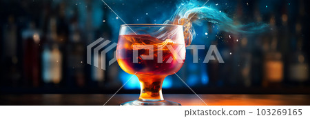 Bright cosmic cocktail in tall glass on bar top, with colorful turbulence, AI generated 103269165