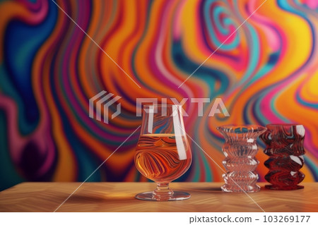 A hypnotic spiral patterned wallpaper with a glass of liquid in front of it that appears to be swirling and morphing into various psychedelic shapes and colors. Generative AI A hypnotic spiral patterned wallpaper with a glass of liquid in front of it that appears to be swirling and morphing into various psychedelic shapes and colors. Generative AI 103269177