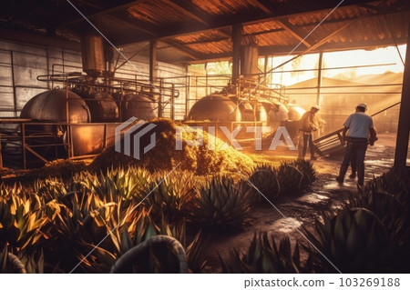 A shot of a tequila distillery in Mexico, with workers tending to the agave plants and stills, emphasizing the traditional and artisanal nature of the product. Generative AI 103269188