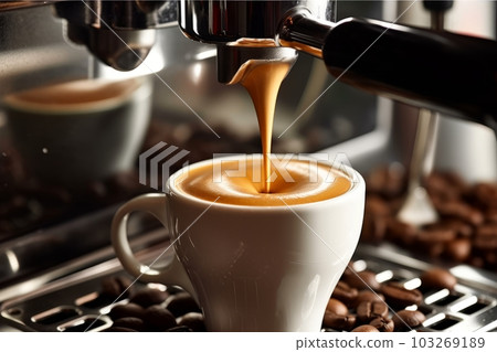 A close-up of the crema on top of an espresso shot, with the coffee beans and machine in the background. Generative AI 103269189