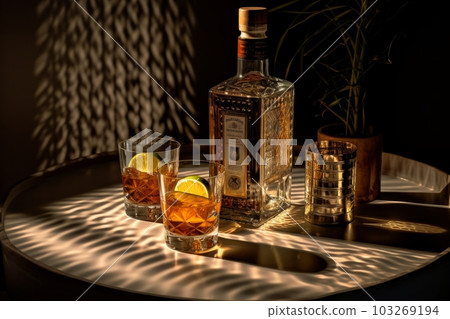 A creative shot of a tequila bottle and glass in a dramatic lighting setup, giving the impression of a high-end luxury product. Generative AI A creative shot of a tequila bottle and glass in a dramatic lighting setup, giving the impression of a high-end luxury product. Generative AI 103269194