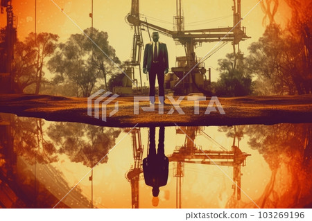 An oil well with the silhouette of a person in a business suit standing in front of it, double exposure style. Generative AI An oil well with the silhouette of a person in a business suit standing in front of it, double exposure style. Generative AI 103269196