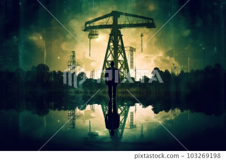 An oil well with the silhouette of a person in a business suit standing in front of it, double exposure style. Generative AI An oil well with the silhouette of a person in a business suit standing in front of it, double exposure style. Generative AI 103269198