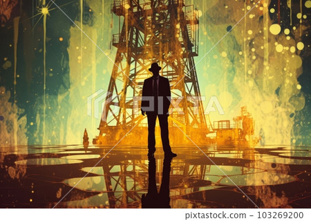 An oil well with the silhouette of a person in a business suit standing in front of it, double exposure style. Generative AI An oil well with the silhouette of a person in a business suit standing in front of it, double exposure style. Generative AI 103269200