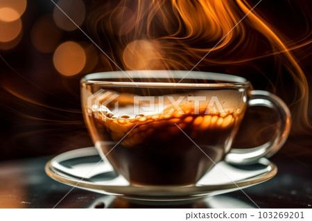 An abstract shot of an espresso shot being pulled, with the motion of the coffee and steam captured in a long exposure. Generative AI 103269201