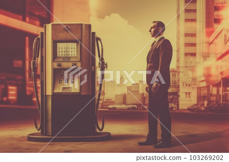 A businessman in a suit overlaid with an image of a gas pump, emphasizing the economic importance of the industry. Generative AI A businessman in a suit overlaid with an image of a gas pump, emphasizing the economic importance of the industry. Generative AI 103269202