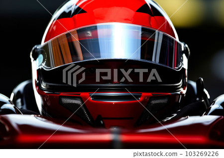 Extreme Close-Up of the Front of a Red Formula 1 Helmet with Reflections of the Race Track and Cars in the Visor. Generative AI 103269226