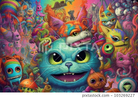 Highly detailed trippy cat, scary colors, psychedelic. Generative AI Highly detailed trippy cat, scary colors, psychedelic. Generative AI 103269227