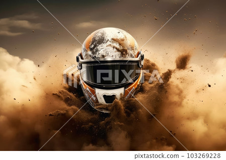 A driver's helmet suspended in mid-air, surrounded by swirling clouds of dust and dirt, giving the impression of a high-speed race in progress. Generative AI A driver's helmet suspended in mid-air, surrounded by swirling clouds of dust and dirt, giving the impression of a high-speed race in progress. Generative AI 103269228