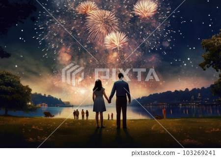 A couple holding hands and watching the fireworks display, with a romantic atmosphere and a patriotic theme. Generative AI A couple holding hands and watching the fireworks display, with a romantic atmosphere and a patriotic theme. Generative AI 103269241