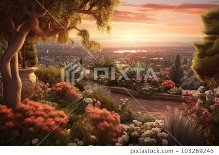 A panoramic view of a buganvillea garden with a sunset in the background, creating a calming and serene atmosphere. Generative AI 103269246