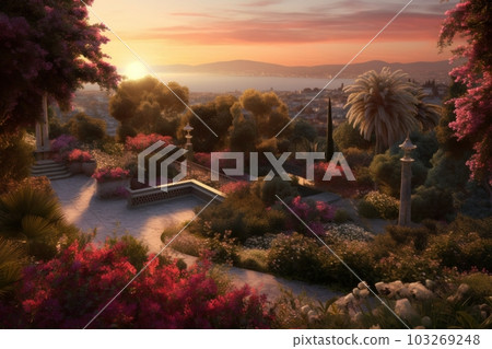 A panoramic view of a buganvillea garden with a sunset in the background, creating a calming and serene atmosphere. Generative AI A panoramic view of a buganvillea garden with a sunset in the background, creating a calming and serene atmosphere. Generative AI 103269248