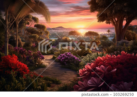 A panoramic view of a buganvillea garden with a sunset in the background, creating a calming and serene atmosphere. Generative AI 103269250