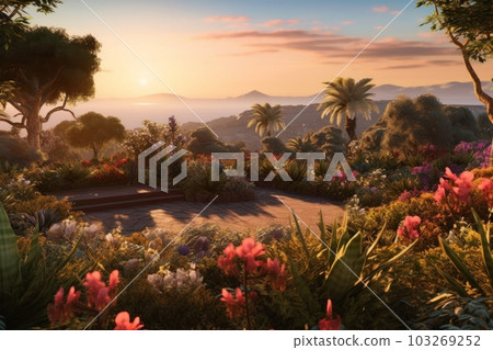 A panoramic view of a buganvillea garden with a sunset in the background, creating a calming and serene atmosphere. Generative AI 103269252