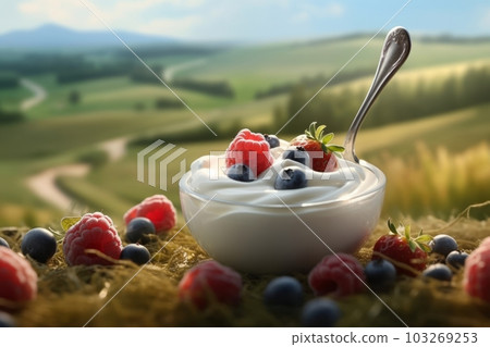 A beautiful landscape shot with a spoonful of yogurt and fresh berries in the foreground. Generative AI 103269253