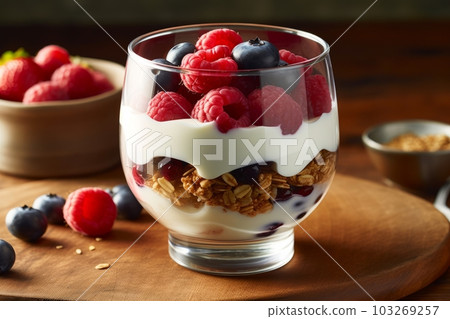 A clear glass cup filled with layers of yogurt, granola, and mixed berries, with a wooden spoon sticking out. Generative AI A clear glass cup filled with layers of yogurt, granola, and mixed berries, with a wooden spoon sticking out. Generative AI 103269257