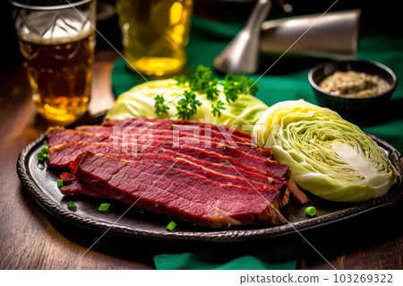 An overhead shot of a plate of traditional Irish corned beef and cabbage with a green beer in the background. Generative AI 103269322