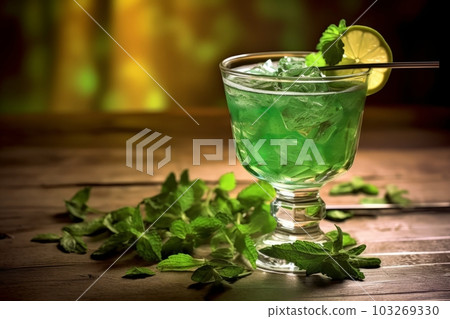 A creative shot of a green cocktail with a shamrock straw and traditional Irish elements on a rustic wooden table. Generative AI 103269330