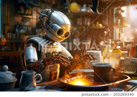 A robot chef , cooking in a kitchen and showcasing culinary skills. Generative AI 103269340
