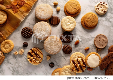 A top-down view of cookies placed on a marble countertop, with ingredients scattered around them, evoking a sense of luxury and elegance. Generative AI A top-down view of cookies placed on a marble countertop, with ingredients scattered around them, evoking a sense of luxury and elegance. Generative AI 103269379