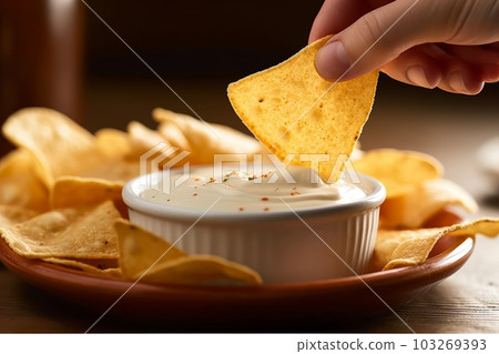 Dipping a chip into a bowl of flavorful dip, with close attention paid to the texture and colors of both the chip and the dip. Generative Ai Dipping a chip into a bowl of flavorful dip, with close attention paid to the texture and colors of both the chip and the dip. Generative Ai 103269393