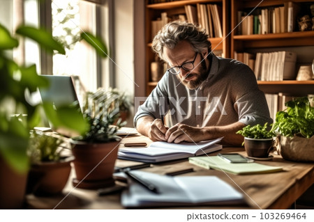 A person sitting at a desk, surrounded by tax documents and a calculator.Concept representing the growth and progress that can come from successful tax planning. Generative AI 103269464