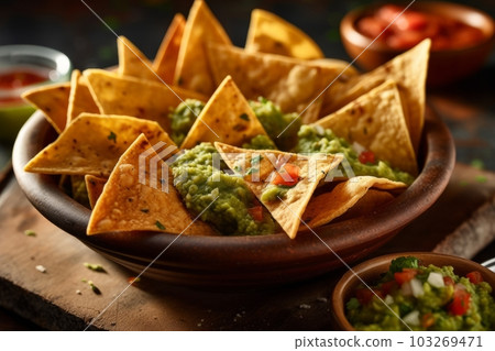 A bowl of freshly made tortilla chips, with salsa and guacamole on the side. Generative AI 103269471