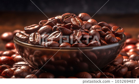 Roasted coffee beans on a plate in cafe, close-up, Generated AI Roasted coffee beans on a plate in cafe, close-up, Generated AI 103269487