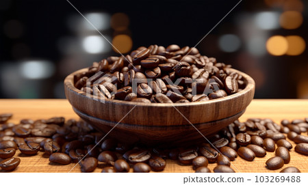 Roasted coffee beans on a plate in cafe, close-up, Generated AI Roasted coffee beans on a plate in cafe, close-up, Generated AI 103269488