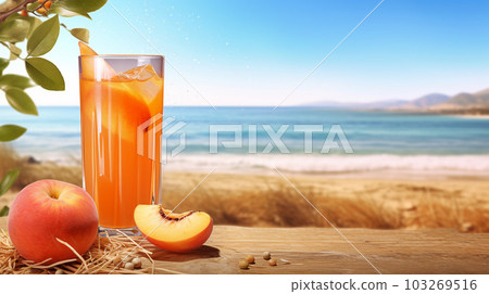 A glass of multifruit juice on nature background, vacation, relaxation concept, copy space, Generated AI 103269516