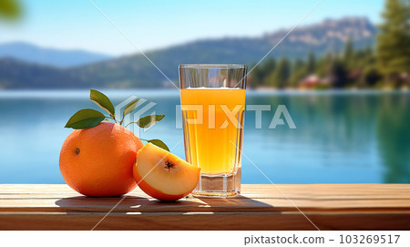 A glass of multifruit juice on nature background, vacation, relaxation concept, copy space, Generated AI 103269517